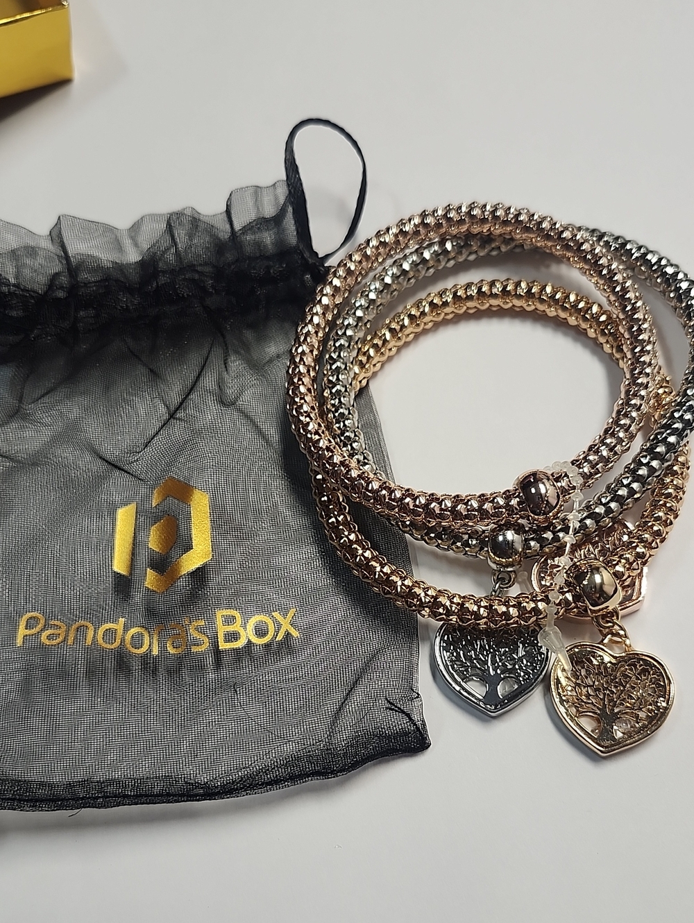 Pandoras Box Three-Tone Heart Charm Bracelet Set - Rose Gold, Gold, Silver